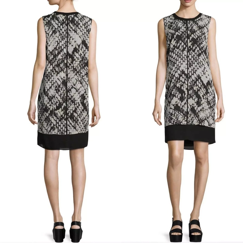 Vince Size 6 100% Silk Basketweave Print Tunic Sleeveless Sheath Dress Ivory